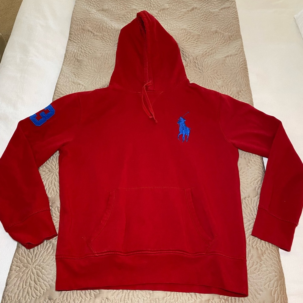 Red Polo hoodie with big horse logo. EUC